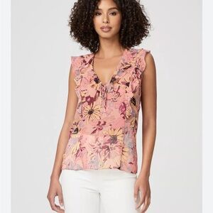 PAIGE | Cataleya Pink Multi 100% Silk sleeveless Ruffle blouse Size XXs